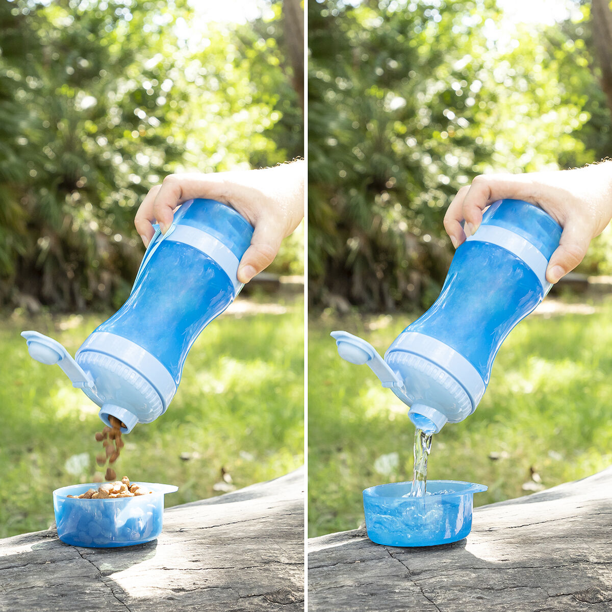 2-in-1 fles met water- en voercontainers voor huisdieren