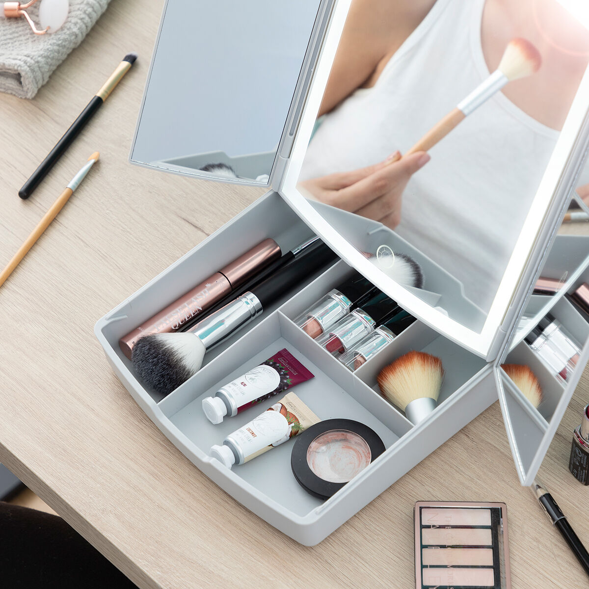 3-in-1 opvouwbare LED-spiegel met make-up organizer